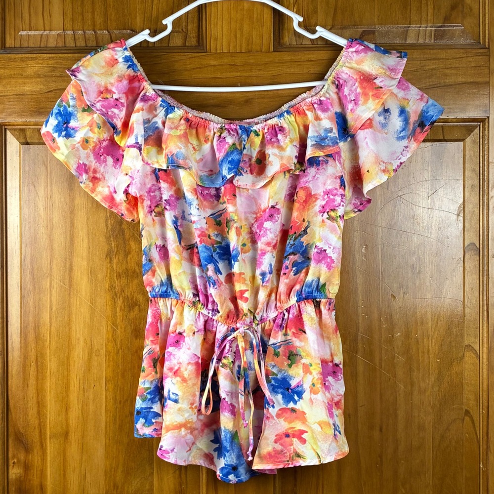 Andree by Unit Floral Off Shoulder Ruffle Peplum Top Watercolor Medium Festival